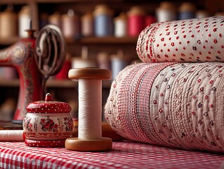 A still-life scene of a sewing workshop with a vintage machine, spools, and stitched fabric