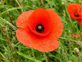 A vibrant red poppy flower, covered in glistening water droplets, stands tall in a field