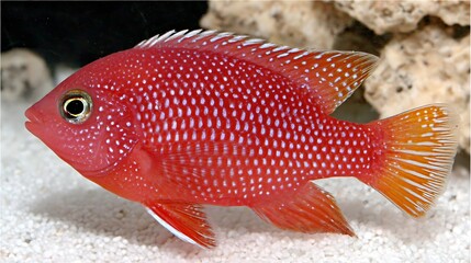 A vibrant, reddish fish with blue-dotted scales swims in an aquarium, close-up shot