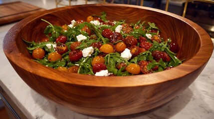 A vibrant salad with cherry tomatoes, arugula, and feta cheese in a large wooden bowl