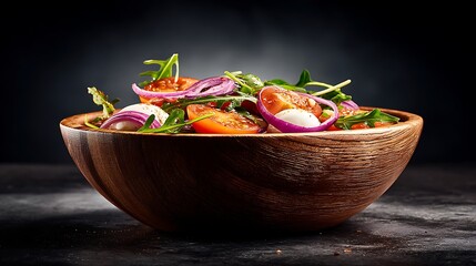 A vibrant salad with red onion and tomatoes rests in a wooden bowl against a dark backdrop