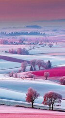 A vibrant vista of a winter landscape, featuring rolling hills and snow-covered terrain