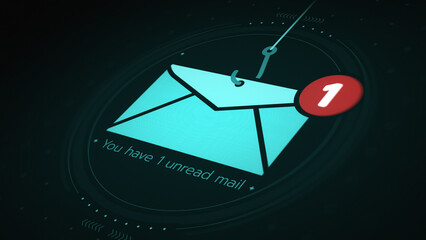 Email phishing cybersecurity threat, envelope with fish hook and notification badge on cyber screen background