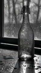 A vintage bottle, condensation visible, sits near a wet window. Black and white photo