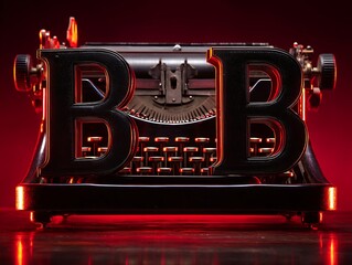 A vintage mechanical typing machine with large leather-like letter "BB" overlay on a red backdrop