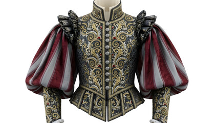 Ornate elizabethan or renaissance style jacket with puffed sleeves on mannequin isolated on transparent background