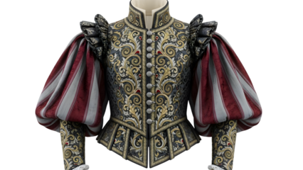 Ornate elizabethan or renaissance style jacket with puffed sleeves on mannequin isolated on transparent background