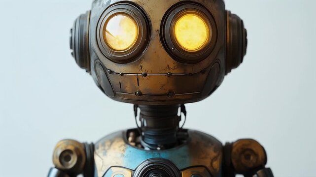 Close Up Of A Rusty Vintage Robot With Glowing Orange Eyes And A Textured Metallic Body