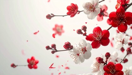 紅白の梅の花が舞う華やかな高画質背景