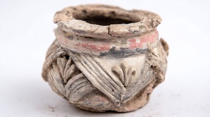 A weathered, ancient pottery vessel with faded paint details on a white backdrop