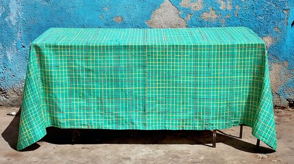 A weathered table with a green-checked cloth sits before a peeling blue wall