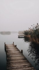 A weathered wooden dock extends into still water shrouded in a misty, atmospheric fog