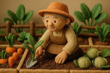 Charming scene depicting gardener tending to vibrant vegetable garden, showcasing longevity through nurturing plants. character, made of clay, smiles while planting fresh greens, surrounded by
