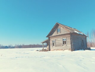 A weathered wooden house, blanketed in snow, under a clear blue sky, in a winter scene