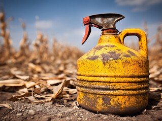 A weathered yellow pesticide container in a field with dead crops under a blue sky