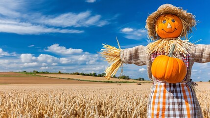 A whimsical scarecrow made of pumpkin and straw, standing in a golden wheat field with a blue sky