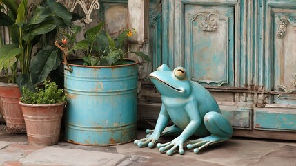 A whimsical shot featuring a teal frog statue with potted plants near antique, turquoise doors