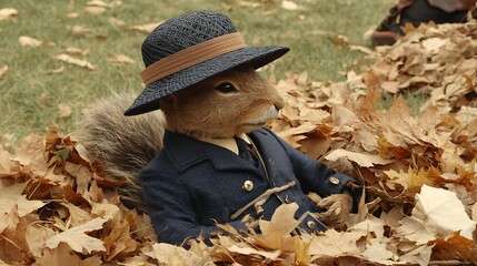 A whimsical squirrel wears a hat and coat, lounging amongst fallen autumn leaves