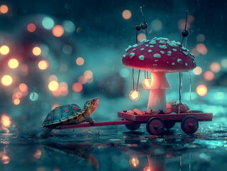 A whimsical turtle pulls a miniature wagon topped with a mushroom-carousel, bokeh background