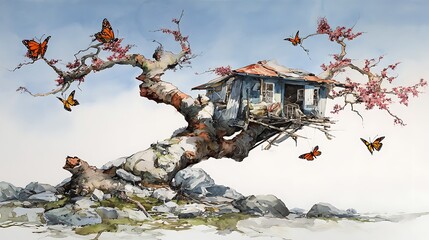 A whimsical watercolor depicting a tree with a small house nestled in its branches, surrounded by butterflies