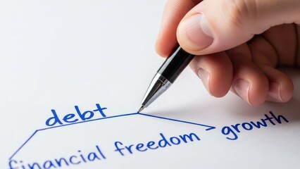 Hand writing financial freedom concept with debt and growth branches.