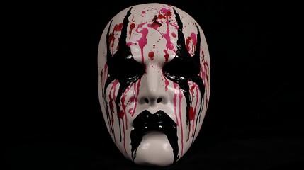 A white mask decorated with black and pink paint, with dripping effects, set against black