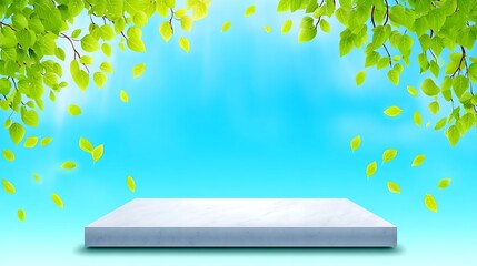A white platform with green leaves and a blue background creates a serene, natural scene