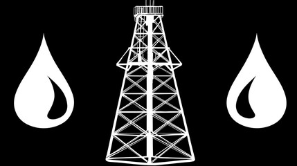 A white silhouette oil rig is flanked by stylized water drop shapes, on a black background