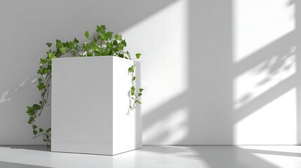 A white square planter overflowing with green ivy in a brightly lit, minimalist space