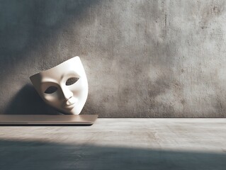 A white theatrical mask rests on a minimalist surface against a rough gray wall