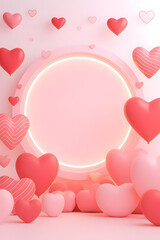 Pink background with circular element in center surrounded by 3D hearts