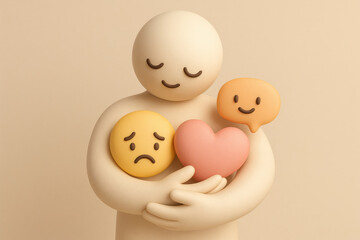 Emotional expression is essential for longevity relationships, as it fosters connection and understanding. This illustration captures nurturing figure holding various emotive symbols