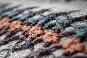 Macro close-up of colorful embroidered threads forming textured woven patterns on fabric with soft depth and artisanal detail