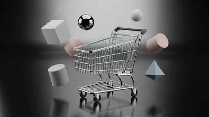 Shopping cart surrounded by geometric shapes against a dark background conceptual illustration