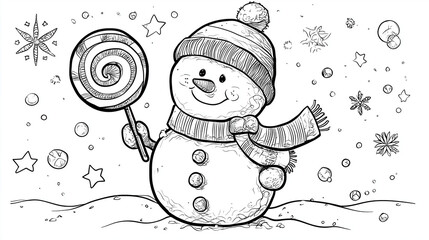 Whimsical Snowman Coloring Page With Scarf Hat And Lollipop For Winter Holiday Fun