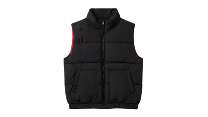 Black puffer vest with zipper closure and red side panel detail isolated on transparent background