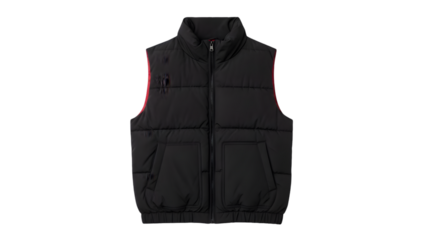 Black puffer vest with zipper closure and red side panel detail isolated on transparent background