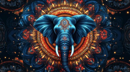Obraz premium ultra-realistic, highly detailed, 4K resolution, sharp focus., A geometric mandala with a central elephant, radiating outward with flower motifs and balanced patterns in every direction, Circular desi