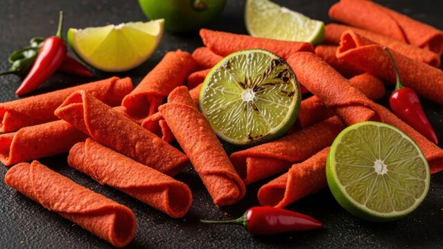 Spicy Rolled Tortilla Chips with Lime and Chili Peppers.