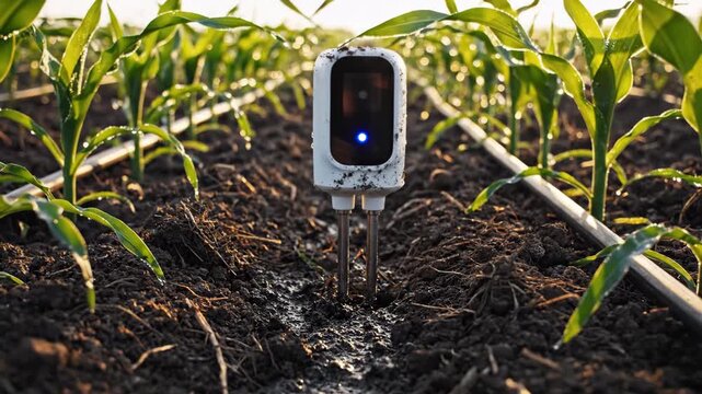 Smart Agriculture: Soil Moisture Sensor - A wireless soil moisture sensor is pictured in a field of young corn plants, monitoring soil conditions.