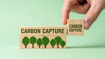 Hand placing wooden block representing carbon capture technology and environmental goals