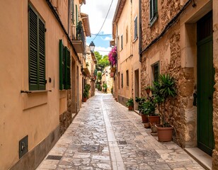 Stone-paved narrow street flanked by buildings with potted plants