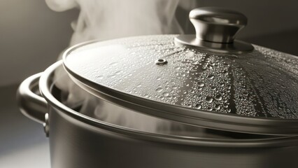 Steaming pot with glass lid close up