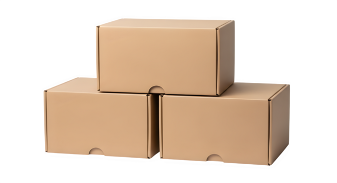 Three stacked plain brown cardboard delivery boxes isolated for e-commerce, shipping, and packaging mockup. isolated PNG with Transparent Background - Powered by Adobe