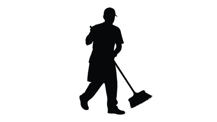 Silhouette of a cleaner or janitor sweeping with a broom