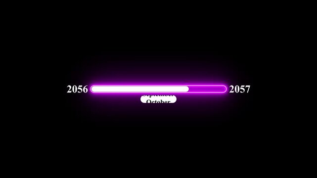 2056 to 2057 loading animation with January 2056 to January 2057 time line on black background, year progress transition, calendar time loading bar, new year change concept
