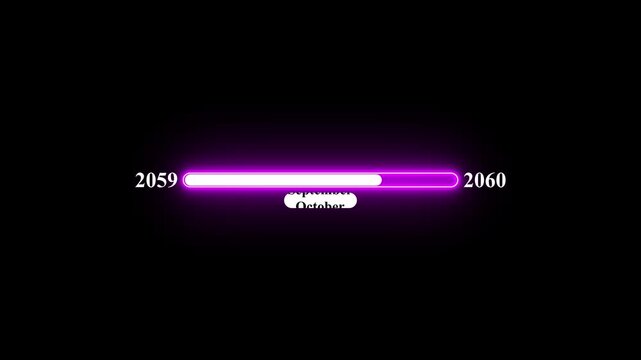 2059 to 2060 loading animation with January 2060 to January 2061 time line on black background, year progress transition, calendar time loading bar, new year change concept
