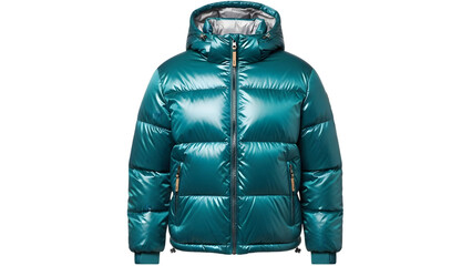 Shiny teal puffer jacket with hood for men or women isolated on transparent background