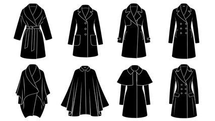 Collection of eight black trench coats and winter coats silhouettes for women fashion design isolated on transparent background