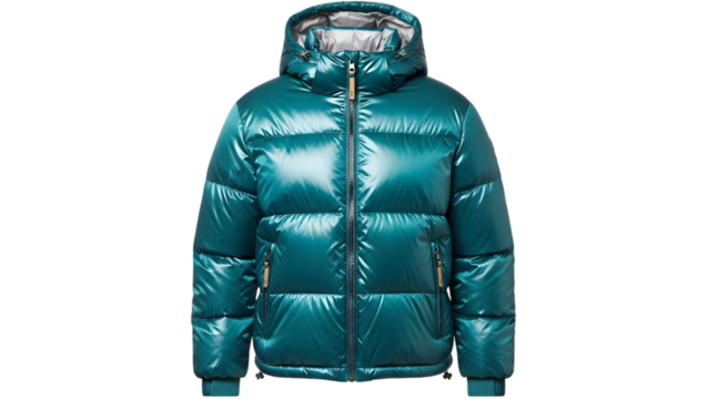 Shiny teal puffer jacket with hood for men or women isolated on transparent background - Powered by Adobe
